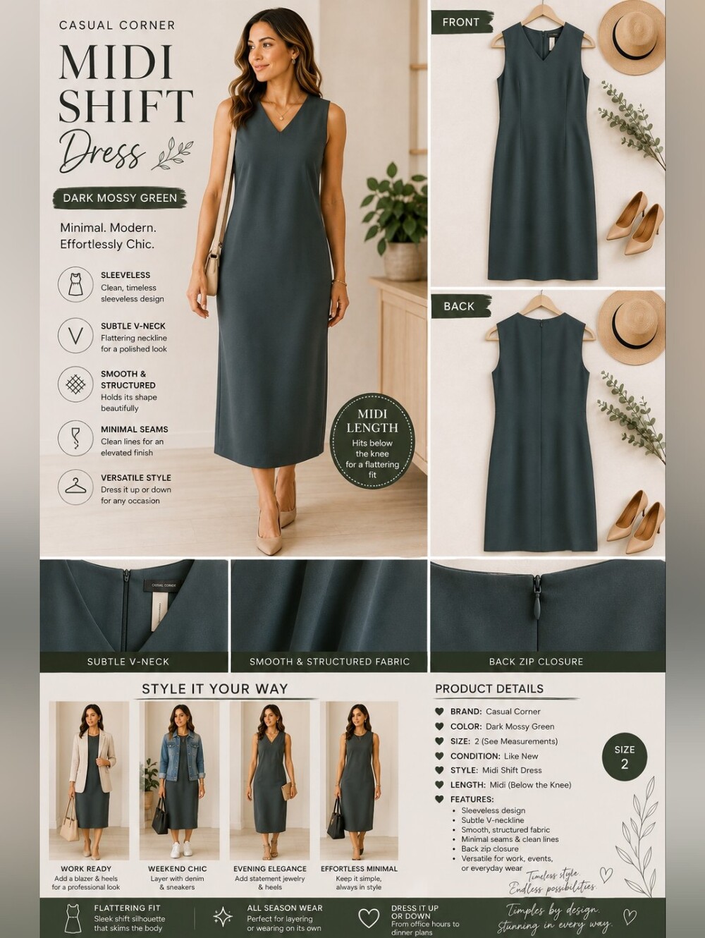 Casual Corner Dark Moss Green Midi Shift Dress Sleeveless V Neck Size 2 NWT